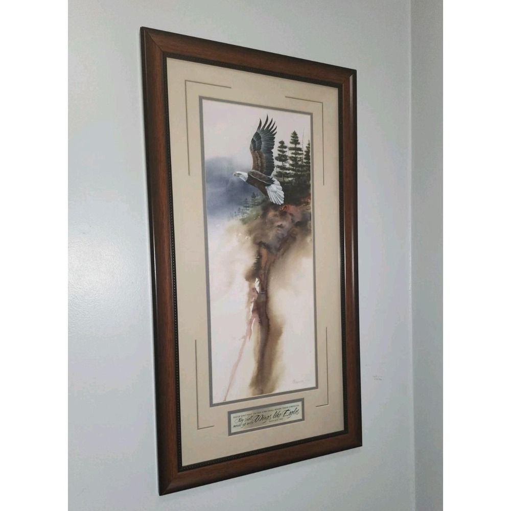 Vtg Michael Casper Silent Whispers Framed Eagle Print 1999 Isaiah 40:31, 30"x16" - Picture 2 of 6